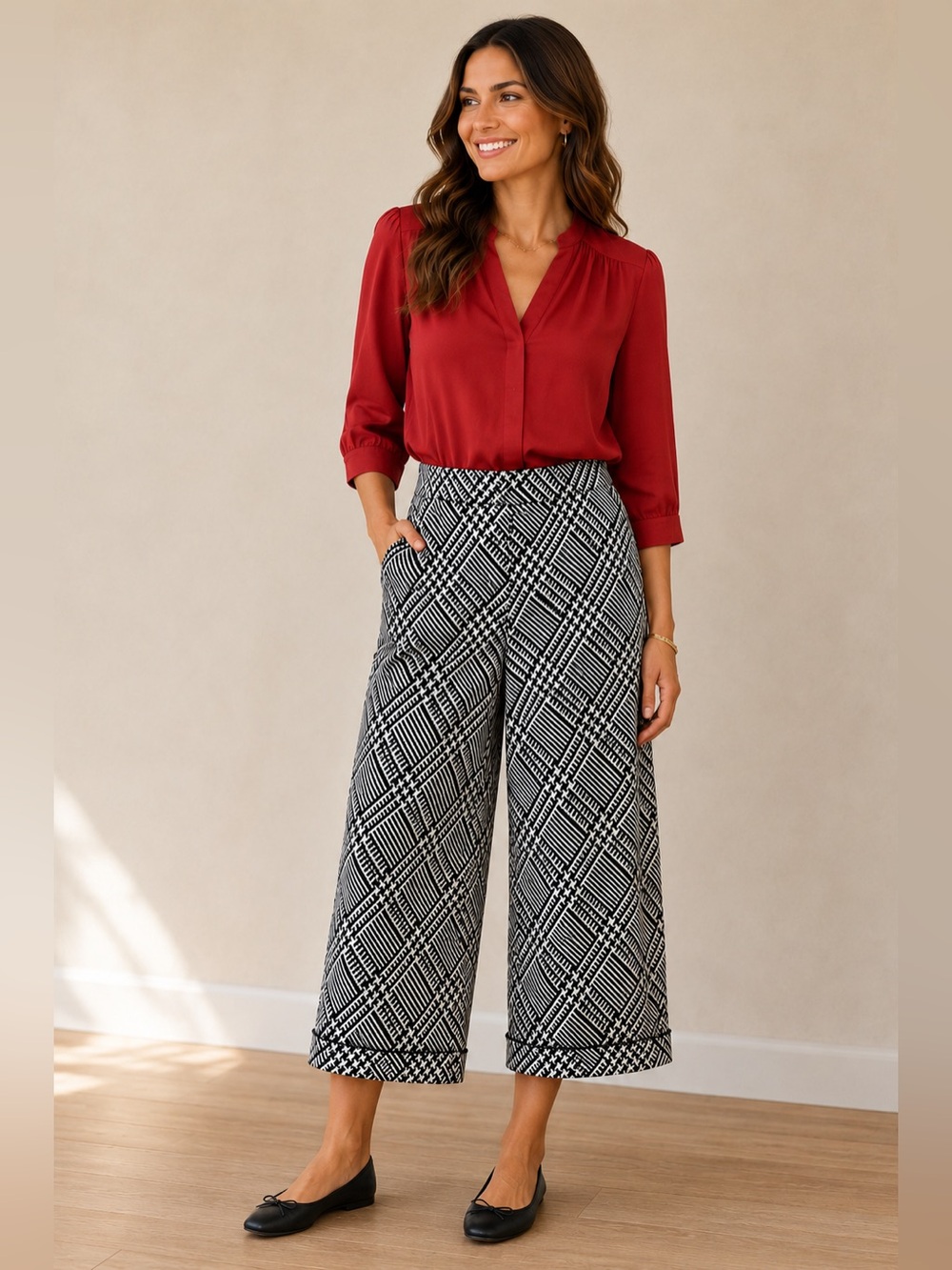 Trina Turk Black & White Geometric Cropped Wide Leg Pants